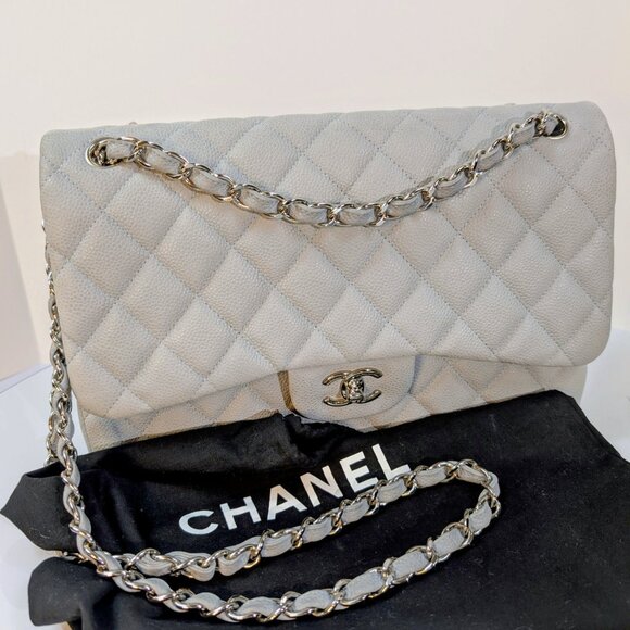 Chanel Classic Jumbo Light Gray Blue Quilted Caviar Double Flap Bag - Picture 2 of 16